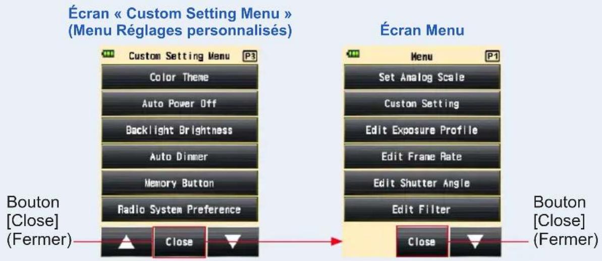 Écran « Custom Setting Menu » (Menu Réglages personnalisés) Custom Setting Menu P3 Color Theme Auto Power Off Backlight Brightness Auto Dinner Memory Button Radio System Preference Bouton [Close] (Fermer) Close Écran Menu Menu P1 Set Analog Scale Custom Setting Edit Exposure Profile Edit Frame Rate Edit Shutter Angle Edit Filter Bouton [Close] (Fermer) Close