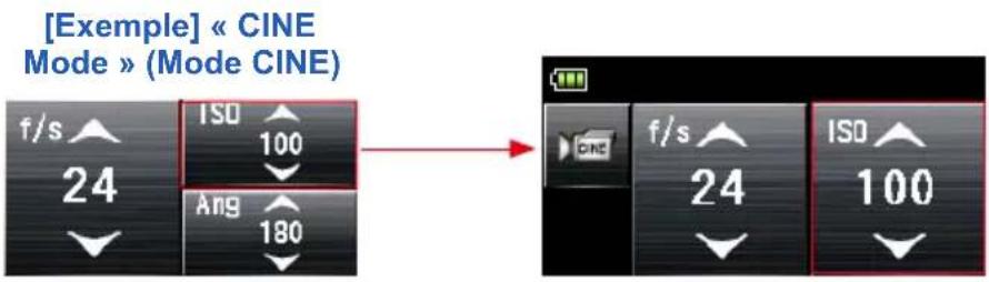[Example] « CINE Mode » (Mode CINE) f/s ↑ 24 ISO ↑ 100 Ang ↑ 180 → f/s ↑ 24 ISO ↑ 100