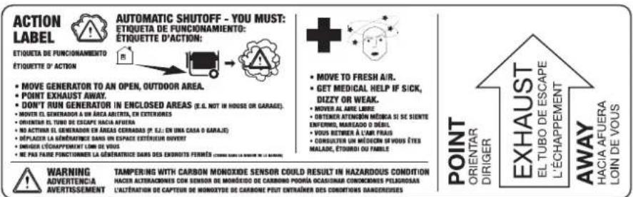 ACTION LABEL ETIQUETA DE FUNCIONAMIENTO ÉTIQUETTE D'ACTION: • MOVE GENERATOR TO AN OPEN, OUTDOOR AREA. • POINT EXHAUST AWAY. • DON'T RUN GENERATOR IN ENCLOSED AREAS (E.G. NOT IN HOUSE OR GARAGE). • MOVE OR GENERADOR A UN AREA ARCTA, EN EXTERIORES. • ORIGINAR EL TUNO DE ESCAPE HAICIA AFILIA. • NO ACTIVIN EL GENERADOR EN AREAS CERRADAS (P.E.L. EN UNA CASA O GARAJE). • REPLACER LA GÉNOMOTIME DANS UN EXPARE EXTÉRIEUR OUVERT. • ENIGUE L'EXPAPPEMENT LOM DE VOUS. • NE PAS FAIRÉ FUNCTIONNER LA GÉNERATRICE DANS DES ENDORTS FERNÉS (CABBEG) (L'ABERTRE) (M. 12/06/2023) • MOVE TO FRESH AIR. • GET MEDICAL HELP IF SICK, DIZZY OR WEAK. • MOVE AL AIRE LÈBRE • ORTERN ATENON MÉDICA SI SE SIENTE ENFERMEL, MARLEADO O SEUIL. • VÔUS RETIMÉ A L'AR FRAS • CONSULTER UN MÉDUCER EN HOURS ÉTES MALADE, ETÔNDU OU FAMILLE WARNING ADVERTENCIA AVERTISSEMENT TAMPERING WITH CARBON MONOXIDE SENSOR COULD RESULT IN HAZARDOUS CONDITION HACER AUTORIZACIONES CON SENSOR DE MONOXIDE DE CARBON POÈRA OCASIONAR CONONOMES PELGROSAS L'ALTÉRATION DE CAPTEUR DE MONOXIDE DE CARBONE PEUT ENTRÀNER DES CONDITIONS D'ANÇÕES EXHAUST EL TUBO DE ESCAPE L'ÉCHAPPEMENT AWAY HACIA AFLERA LOIN DE VOUS