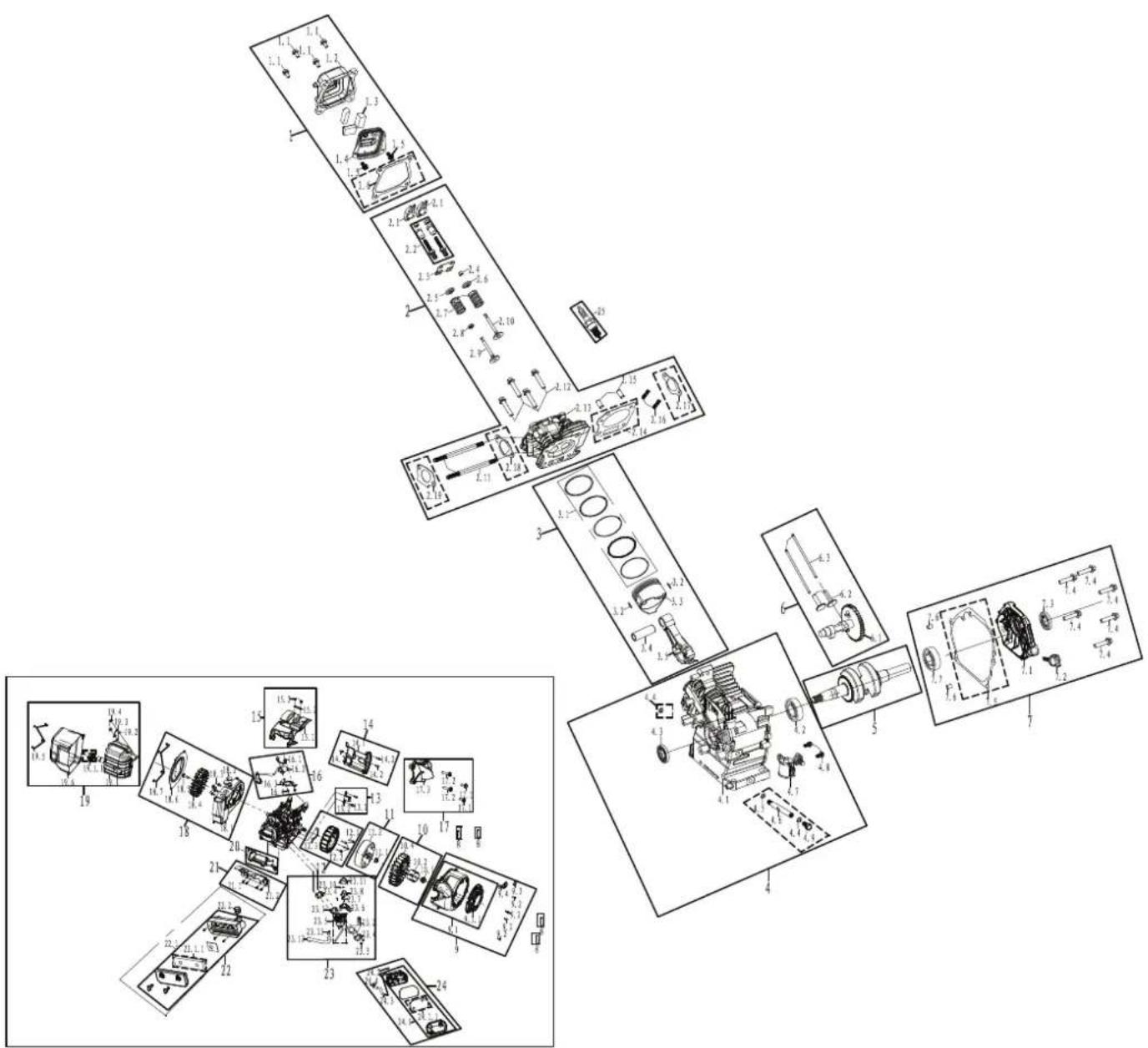 Exploded view diagram of a mechanical assembly with numbered parts and exploded views for assembly or maintenance.
