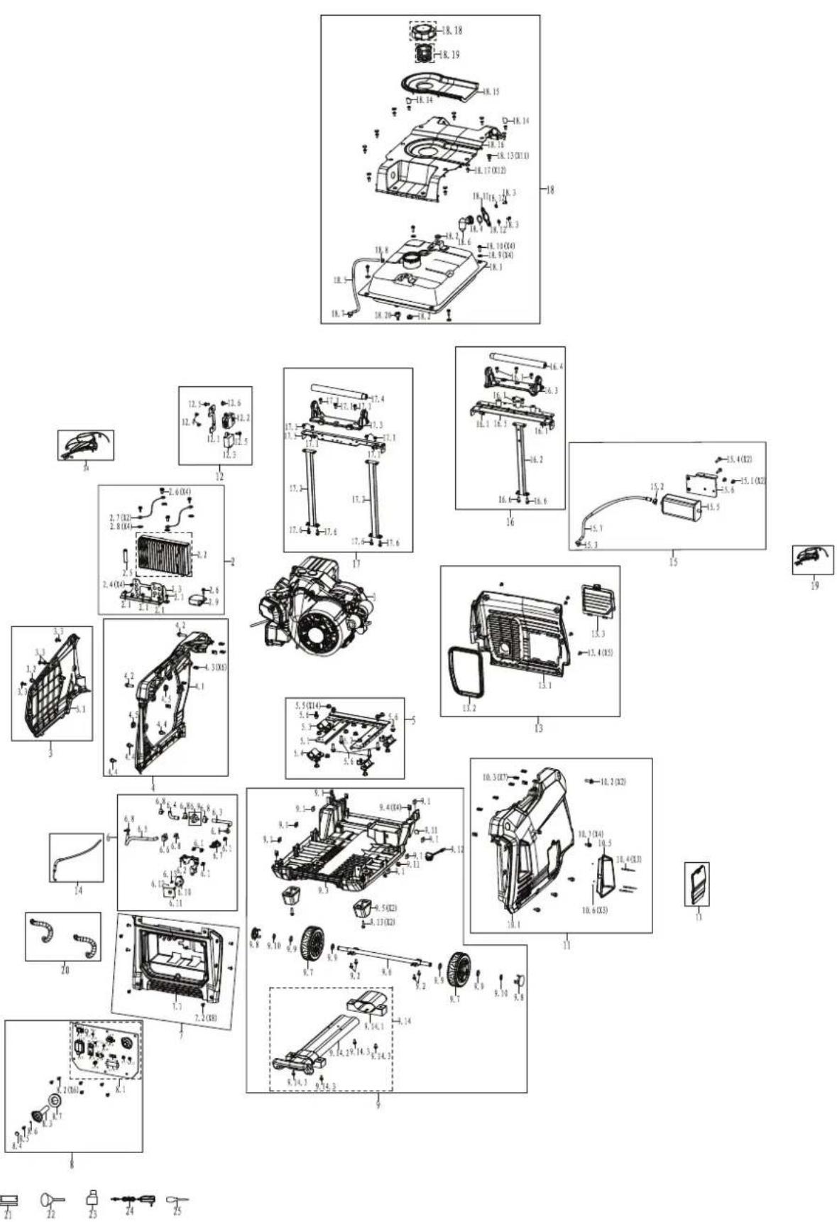 Exploded view diagram of automotive engine components with numbered parts and exploded views