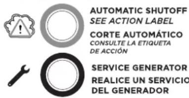 AUTOMATIC SHUTOFF SEE ACTION LABEL CORTE AUTOMÁTICO CONSULTE LA ETIQUETA DE ACCIÓN SERVICE GENERATOR REALICE UN SERVICIO DEL GENERADOR