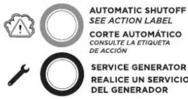 AUTOMATIC SHUTOFF SEE ACTION LABEL CORTE AUTOMÁTICO CONSULTE LA ETIQUETA DE ACCIÓN SERVICE GENERATOR REALICE UN SERVICIO DEL GENERADOR