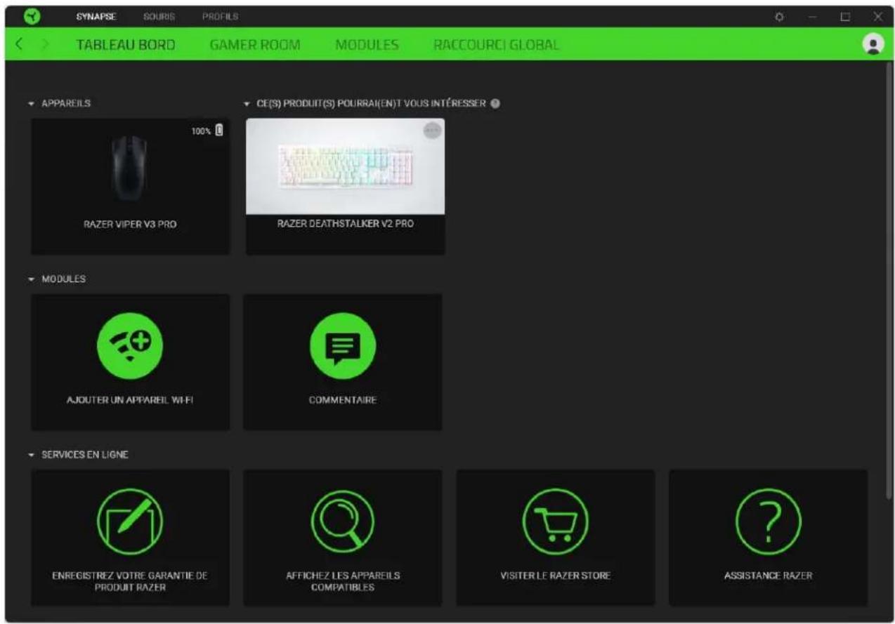 SYNAPSE SOURIS PROFILS TABLEAU BORD GAMER ROOM MODULES RACCOURI GLOBAL APPAREILS CE(S) PRODUIT(S) POURRAI(EN)T VOUS INTÉRESSER 100% RAZER VIPER V3 PRO RAZER DEATHSTALKER V2 PRO MODULES AJOUTER UN APPAREIL WIFI COMMENTAIRE SERVICES EN LIGNE ENREGISTREZ VOTRE GARANTIE DE PRODUIT RAZER AFFICHEZ LES APPAREILS COMPATIBLES VISITER LE RAZER STORE ASSISTANCE RAZER
