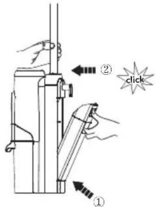 Diagram illustrating a mechanical device with labeled parts and directional arrows, including a 'click' annotation.
