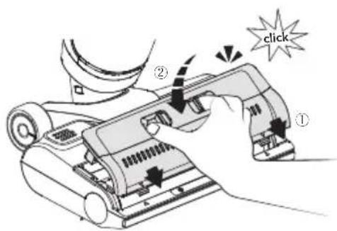 Diagram showing a hand using a vacuum cleaner with labeled components and a 'click' button, likely illustrating a process or operation.