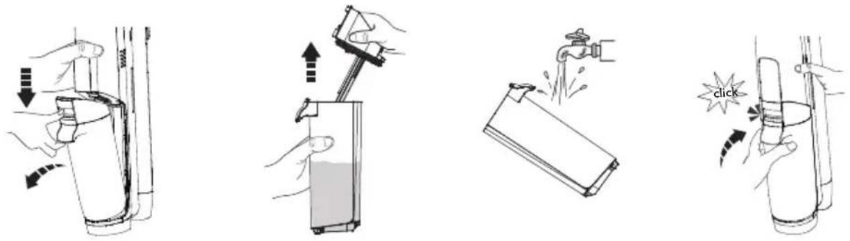 Illustration showing four steps of a water filtration device with labeled actions: drag, drop, spray, and click.