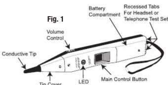 Fig. 1 Volume Control Conductive Tip Tip Cover LED Battery Compartment Recessed Tabs For Headset or Telephone Test Set Main Control Button