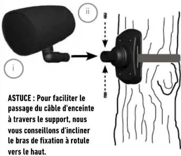 ASTUCE : Pour faciliter le passage du câble d'enceinte à travers le support, nous vous conseillons d'incliner le bras de fixation à rotule vers le haut.
