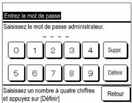 Entrez le mot de passe Saisissez le mot de passe administrateur. 0 1 2 3 4 Suppr. 5 6 7 8 9 Définir Saisissez un nombre à quatre chiffres et appuyez sur [Définir] Retour