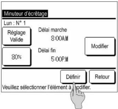Minuteur d'écrêtage Lun : N° 1 Réglage Valide 80% Délai marche 8:00AM Délai fin 5:00P.M Modifier Définir Retour Veuillez sélectionner l'élément à modifier.