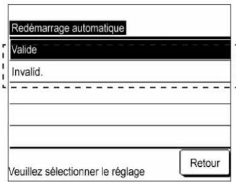Redémarrage automatique Valide Invalid. Veuillez sélectionner le réglage Retour