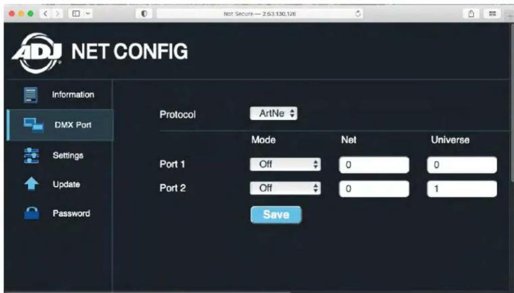 Net Secure — 2.53.130.126 ADJ NET CONFIG Information DMX Port Settings Update Password Protocol ArtNe Port 1 Off 0 0 Port 2 Off 0 1 Save