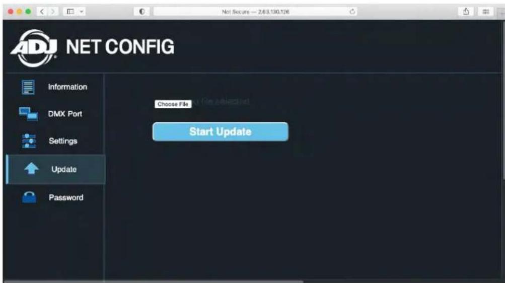 ADJ NET CONFIG Information DMX Port Settings Update Password Choose File Start Update