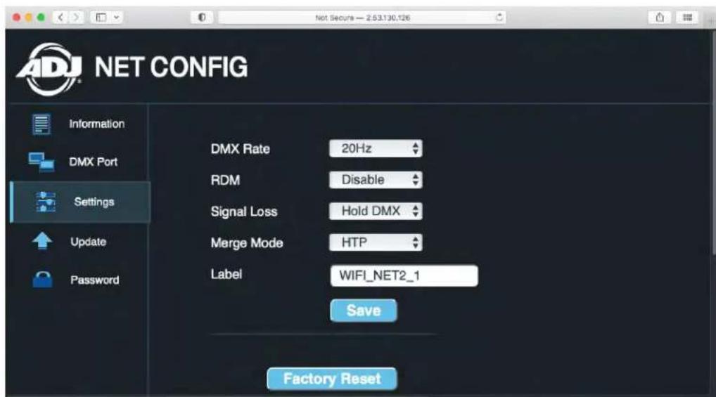 NET CONFIG Information DMX Port Settings Update Password DMX Rate 20Hz RDM Disable Signal Loss Hold DMX Merge Mode HTP Label WIFI_NET2_1 Save Factory Reset