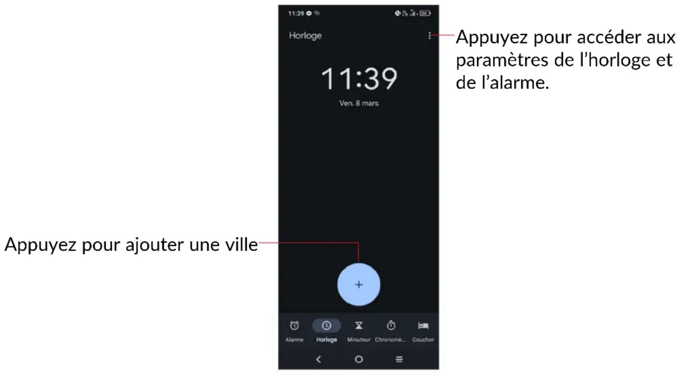 Appuyez pour accéder aux paramètres de l'horloge et de l'alarme. Appuyez pour ajouter une ville
