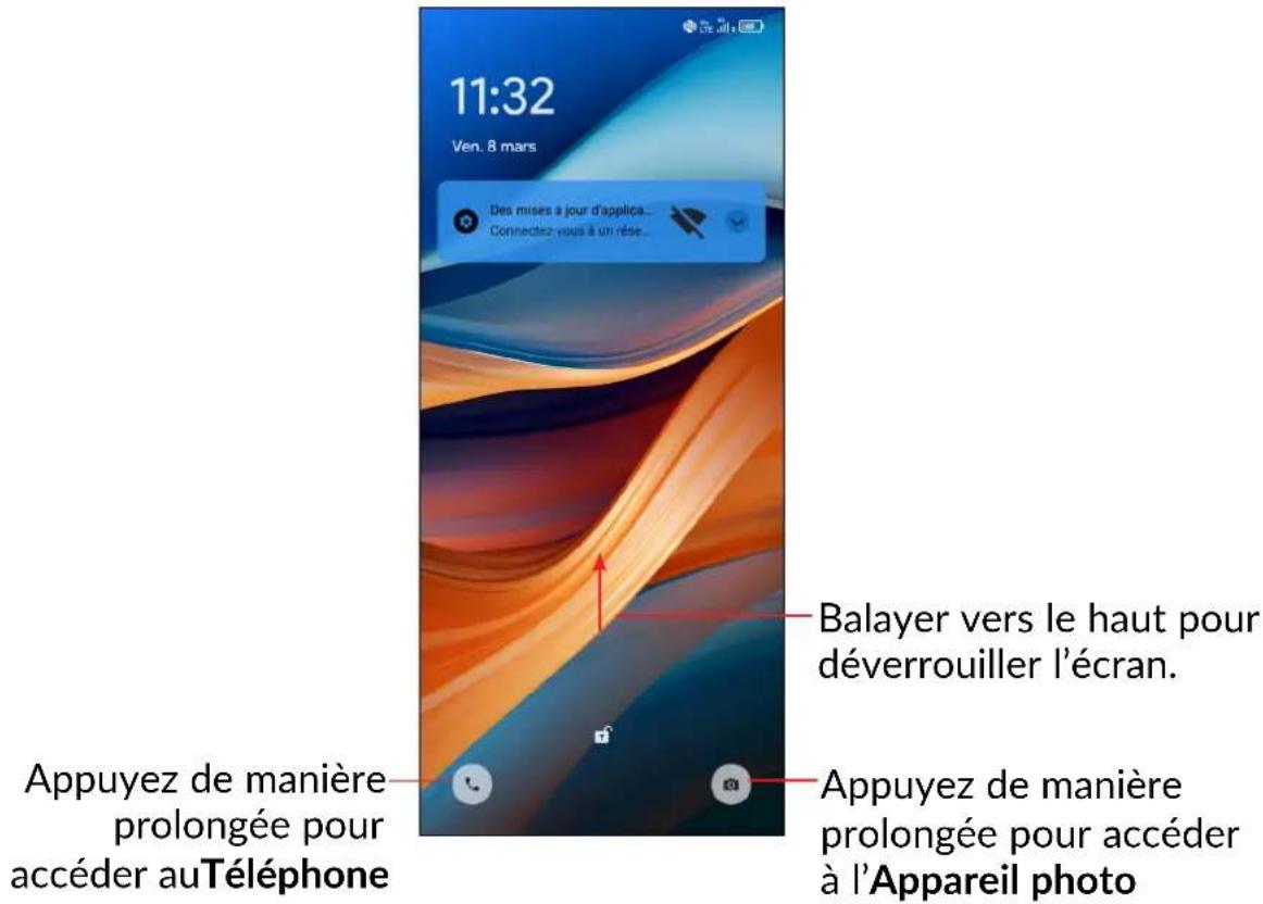 11:32 Ven. 8 mars Des mises à jour d'applica... Connectez-vous à un rése... Balayer vers le haut pour déverrouiller l'écran. Appuyez de manière prolongée pour accéder au Téléphone Appuyez de manière prolongée pour accéder à l'Appareil photo