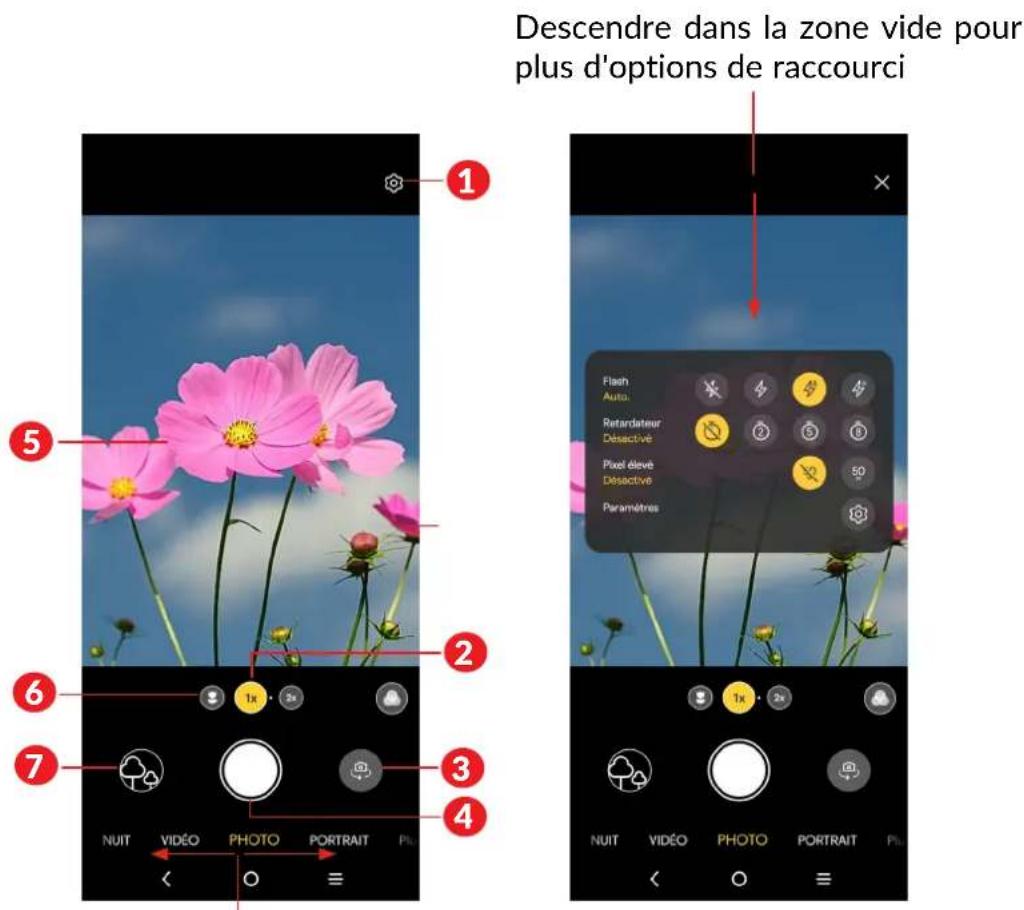 Descendre dans la zone vide pour plus d'options de raccourci Flash Auto: Retardateur Désactivé Pixel élevé Désactivé Paramètres NUIT VIDÉO PHOTO PORTRAIT Pl. 1 2 3 4 5 6 7