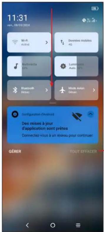 11:31 ven. 08/03/2024 Wi-Fi Active > Multimetric 50% Bluetooth Désac > Données mobiles 4G Luminous Auto. 50% Mode Avion Désac > Dur l'aguration d'Android Des mises à jour d'application sont prêtes Connectez-vous à un réseau pour continuer GÉRER TOUT EFFECTR