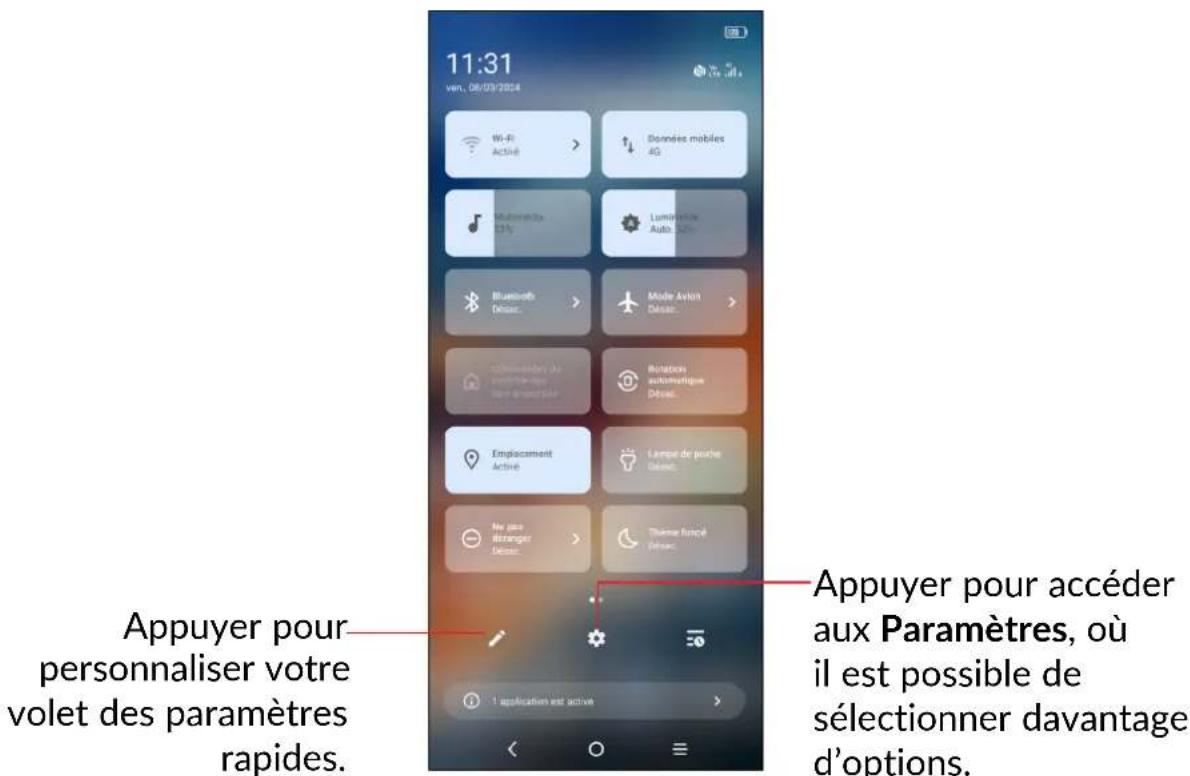 11:31 ven. 08/03/2024 Wi-Fi Activé > Données mobiles 4G Motorola 33% Luminette Auto. 52% Bluetooth Délasc. Made Avion Délasc. Climbusde de davantique lum de la davantique Rotations automatique Délasc. Emplacement Activé Lamp de poute Délasc. Ne pas: Arranger Délasc. Thème force! Délasc. Appuyer pour accéder aux Paramètres, où il est possible de sélectionner davantage d'options. Appuyer pour personnaliser votre volet des paramètres rapides.