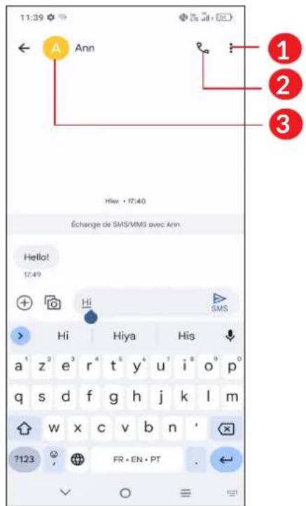 11:39 Ann Hier • 17:40 Échange de SMS/MMS avec Ann Hello! 17:49 Hi SMS > Hi | Hiya | His ↓ a¹ z² e³ r⁴ t⁵ y⁶ u⁷ i⁸ o⁹ p⁰ q s d f g h j k l m w x c v b n ' ?123 FR • EN • PT . ←