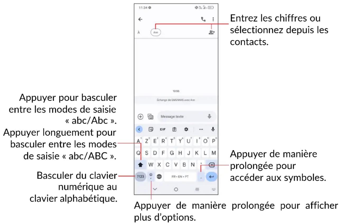 Entrez les chiffres ou sélectionnez depuis les contacts. 10:55 Échange de SMS/MMAx avec Ann Message texte Appuyer pour basculer entre les modes de saisie « abc/Abc ». Appuyer longuement pour basculer entre les modes de saisie « abc/ABC ». Basculer du clavier numérique au clavier alphabétique. Appuyer de manière prolongée pour accéder aux symboles. 7123 Appuyer de manière prolongée pour afficher plus d'options.