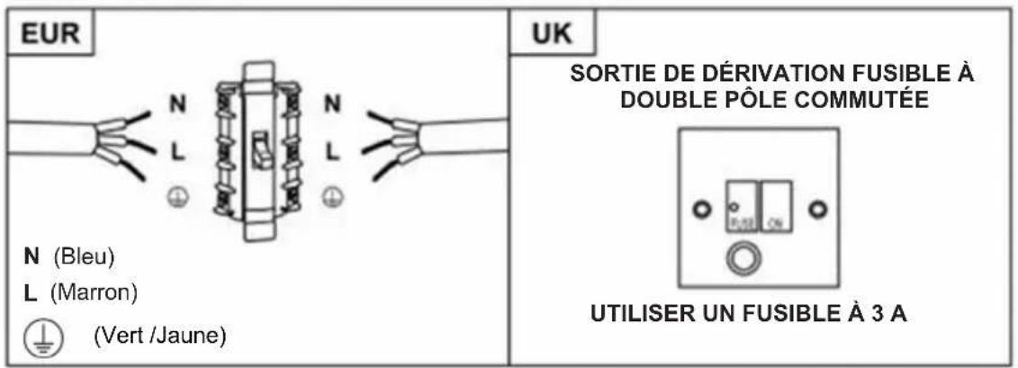 EUR N (Bleu) L (Marron) (Vert /Jaune) UK SORTIE DE DÉRIVATION FUSIBLE À DOUBLE PÔLE COMMUTÉE UTILISER UN FUSIBLE À 3 A