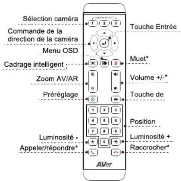 Sélection caméra Commande de la direction de la caméra Menu OSD Cadrage intelligent Zoom AV/AR Préréglage Luminosité - Appeler/répondre* AVER 1 2 3 J Muet* Volume +/-* Touche de Position Luminosité + Raccrocher*