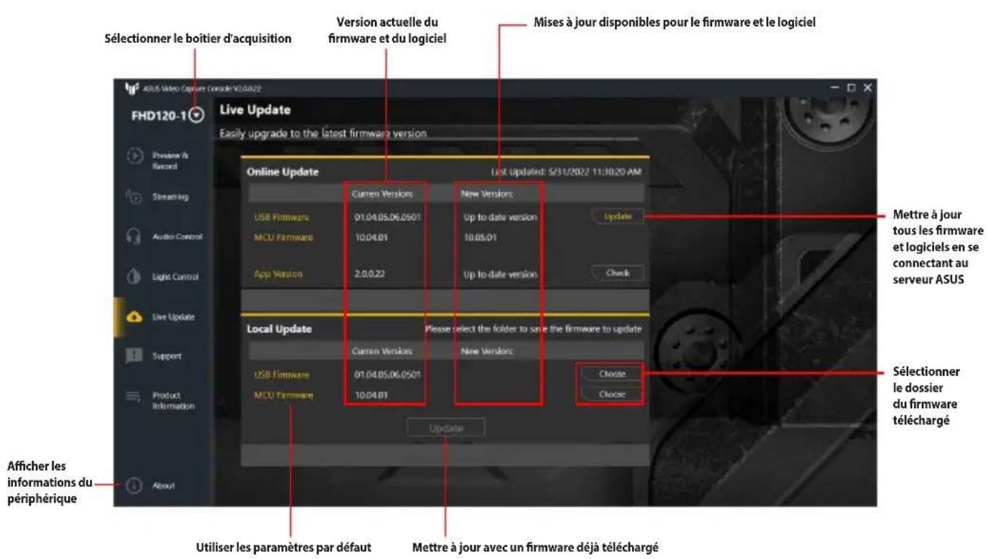 Sélectionner le boîtier d'acquisition Version actuelle du firmware et du logiciel Mises à jour disponibles pour le firmware et le logiciel Live Update Easily upgrade to the latest firmware version Online Update Last Updated: 5/31/2022 11:30:20 AM Current Version New Version USB Firmware 01.04.05.06.0501 Up to date version Update MCU Firmware 10.04.01 10.05.01 App Version 2.0.0.22 Up to date version Check Local Update Please select the folder to save the firmware to update Current Version New Version USB Firmware 01.04.05.06.0501 Choose MCU Firmware 10.04.01 Choose Update Sélectionner le dossier du firmware téléchargé Afficher les informations du périphérique Utiliser les paramètres par défaut Mettre à jour avec un firmware déjà téléchargé