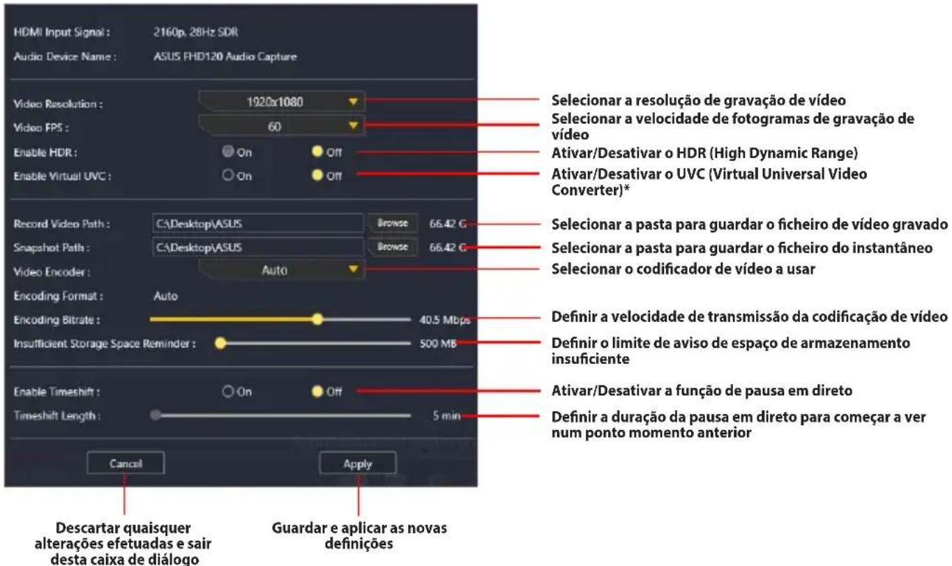 ASUS TUF GAMING CAPTURE BOX-4KPRO - Aceder ao painel de Definições de pré-visualização e gravação: - 1