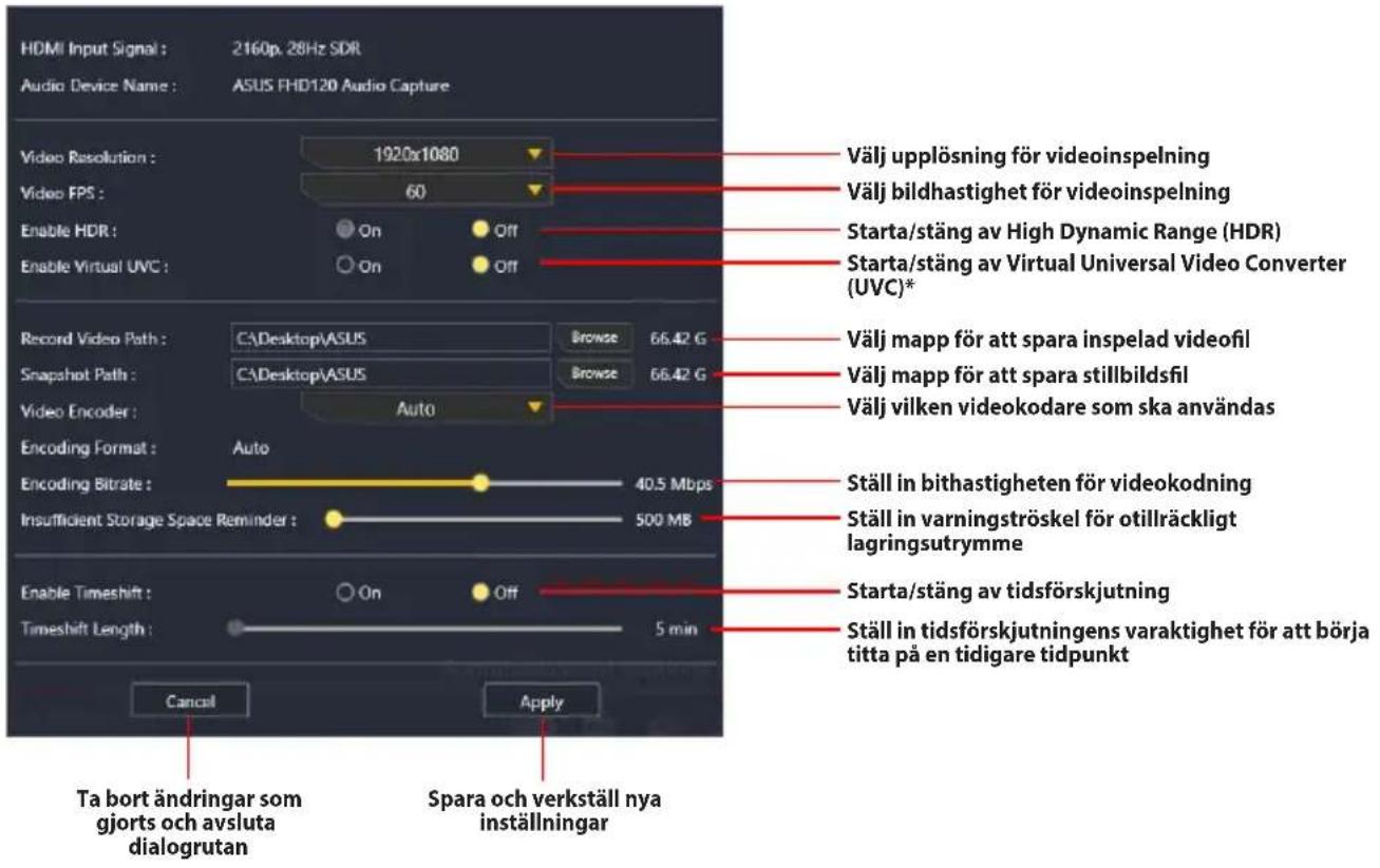 ASUS TUF GAMING CAPTURE BOX-4KPRO - Öppna fliken Inställningar för förhandsgranskning och inspelning: - 1