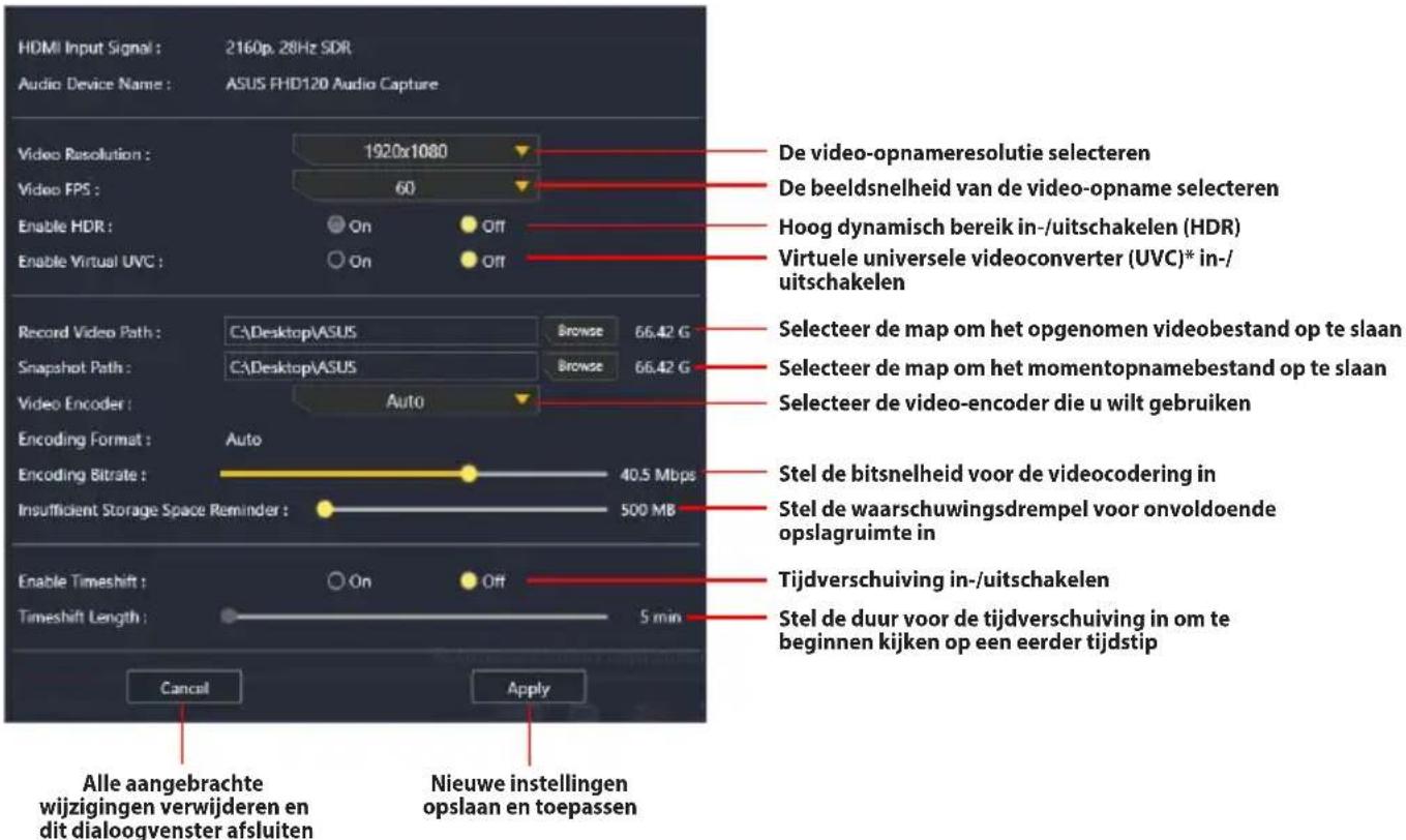 ASUS TUF GAMING CAPTURE BOX-4KPRO - Het venster Voorbeeld- en opname-instellingen openen: - 1