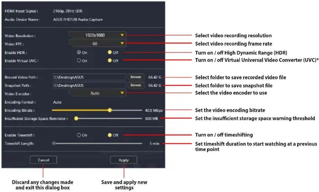 ASUS TUF GAMING CAPTURE BOX-4KPRO - Accessing the Preview &amp; Record Settings pane: - 1