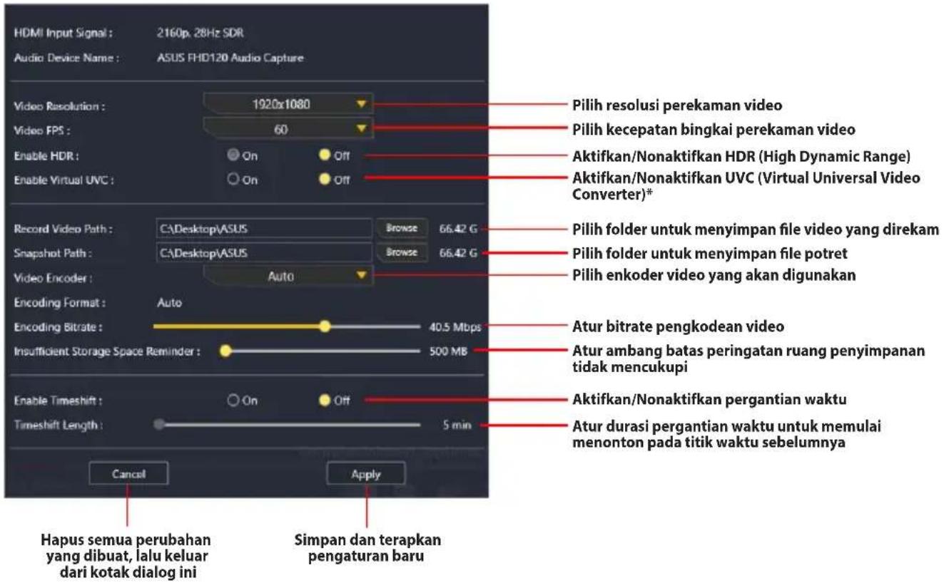 ASUS TUF GAMING CAPTURE BOX-4KPRO - Mengakses panel Pengaturan Pratinjau &amp; Perekaman: - 1