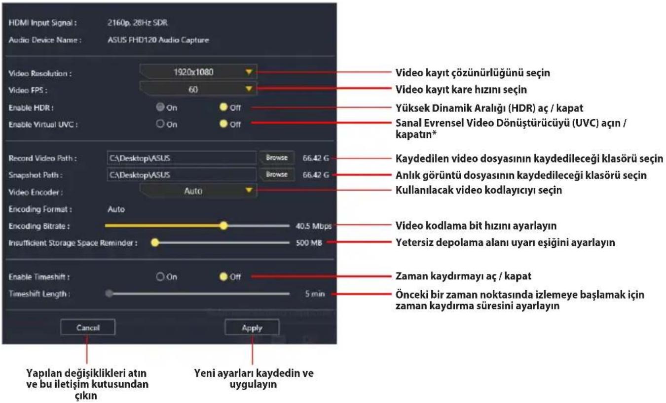 ASUS TUF GAMING CAPTURE BOX-4KPRO - Önizleme ve Kayıt Ayarları bölmesine erişme: - 1