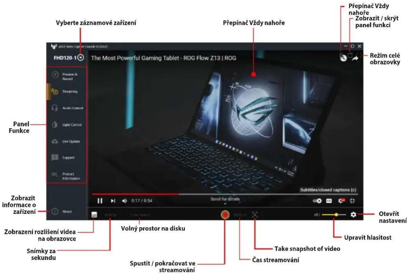 ASUS TUF GAMING CAPTURE BOX-4KPRO - Přechod na panel Nastavení náhledu a nahrávání: - 2
