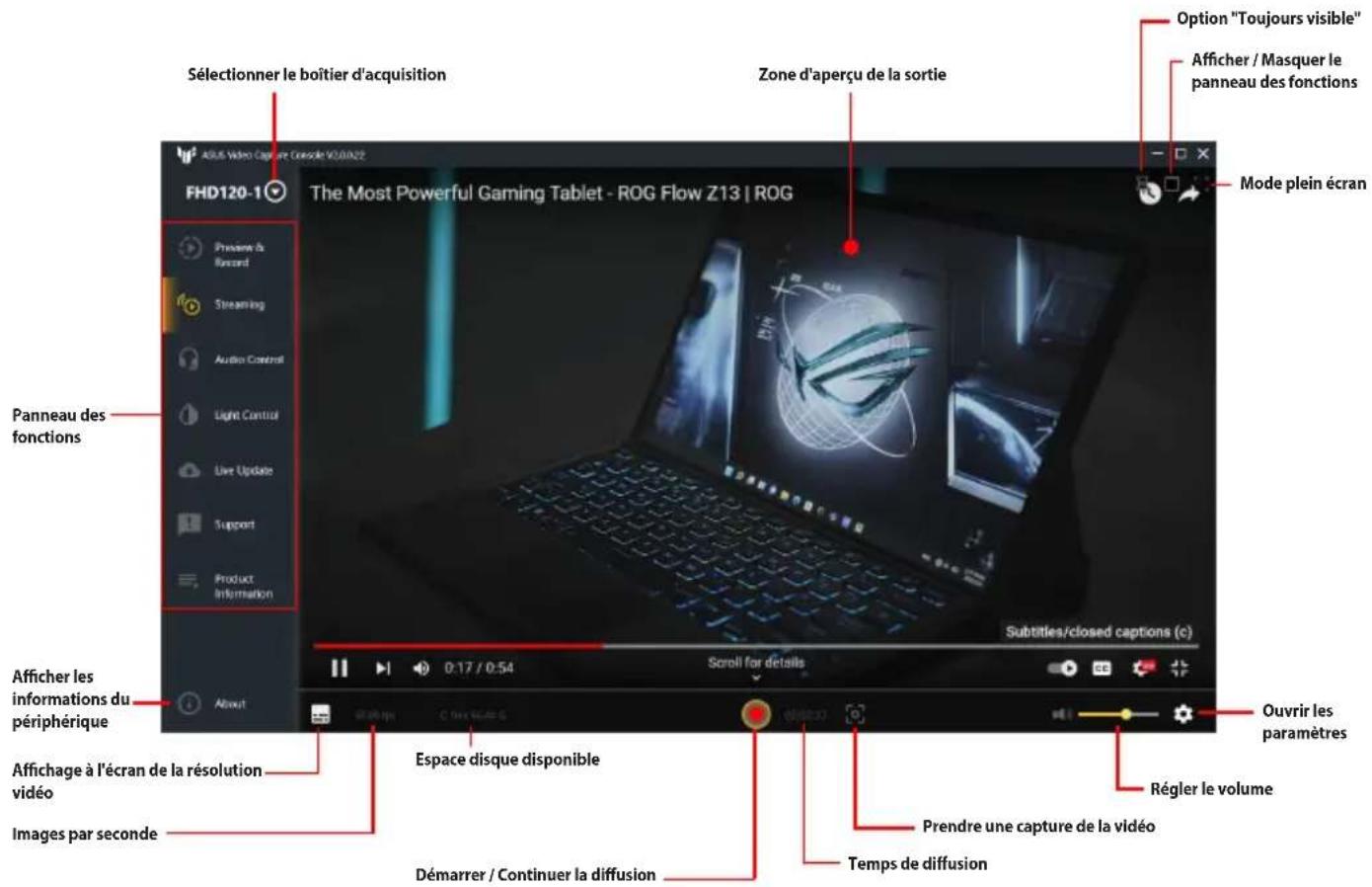 Sélectionner le boîtier d'acquisition Zone d'aperçu de la sortie Option "Toujours visible" FHD120-1 The Most Powerful Gaming Tablet - ROG Flow Z13 | ROG Mode plein écran Panneau des fonctions Afficher les informations du périphérique Affichage à l'écran de la résolution vidéo Images par seconde Espace disque disponible Démarrer / Continuer la diffusion Premise de Record Streaming Audio Control Light Control Live Update Support Product Information Subtitles/closed captions (c) 0:17 / 0:54 Scroll for details Ouvrir les paramètres Régler le volume Prendre une capture de la vidéo Temps de diffusion