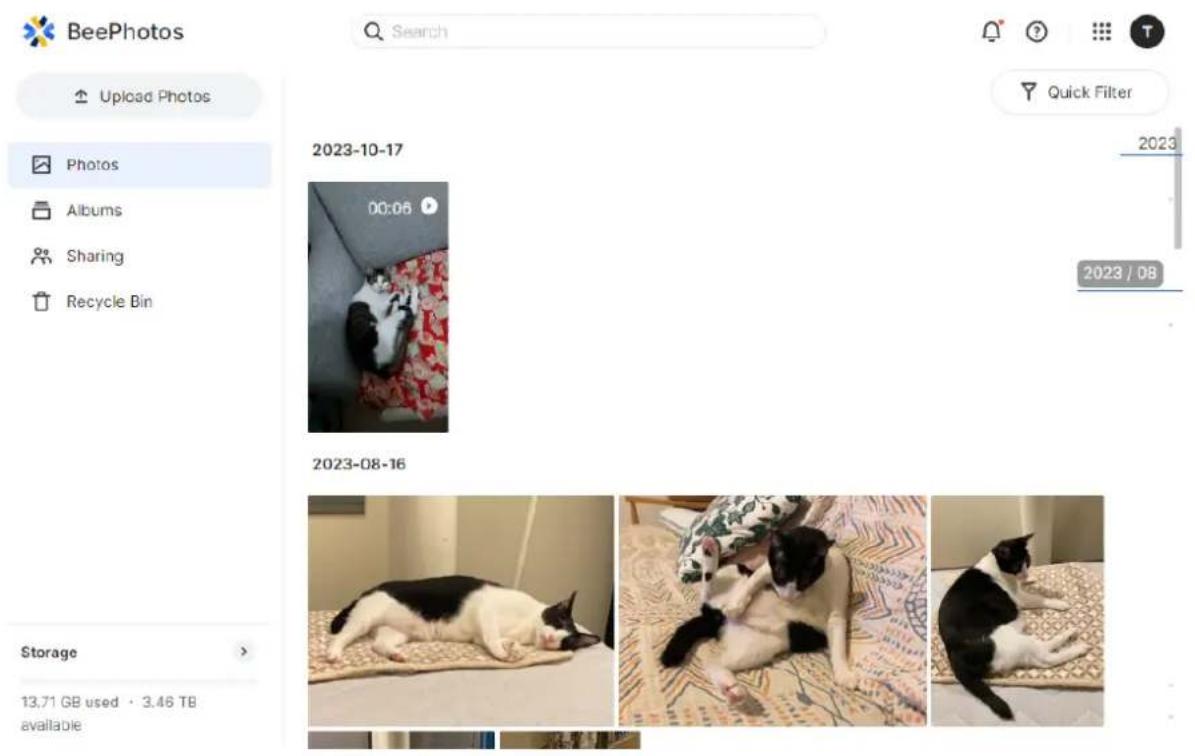 BeePhotos Upload Photos Photos Albums Sharing Recycle Bin Storage 13.71 GB used · 3.46 TB available 2023-10-17 00:06 2023 2023 / 08 2023-08-16 Search Quick Filter