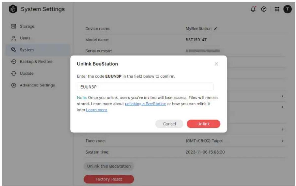 SYNOLOGY BeeStation BST150 - Désassocier via les paramètres système de BeeStation - 2