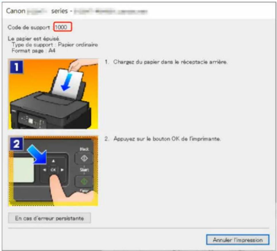 CANON Pixma G3571 - Lorsqu'un code de support et un message s'affichent sur l'écran de l'ordinateur (Windows) : - 1