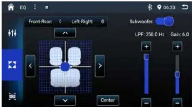 EQ Front-Rear: 0 Left-Right: 0 Subwoofer: LPF: 250.0 Hz Gain: 6.0 Center