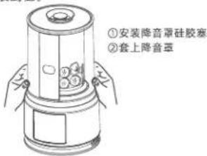 ①安装降音罩硅胶塞 ②套上降音罩