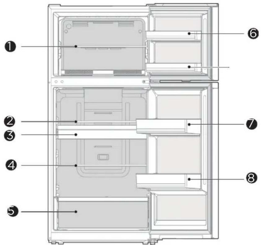 Exploded view diagram of a refrigerator with numbered parts for identification