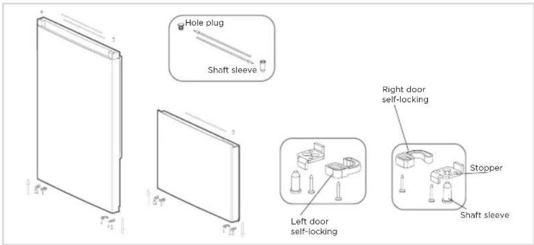 Hole plug Shaft sleeve Right door self-locking Left door self-locking Stopper Shaft sleeve