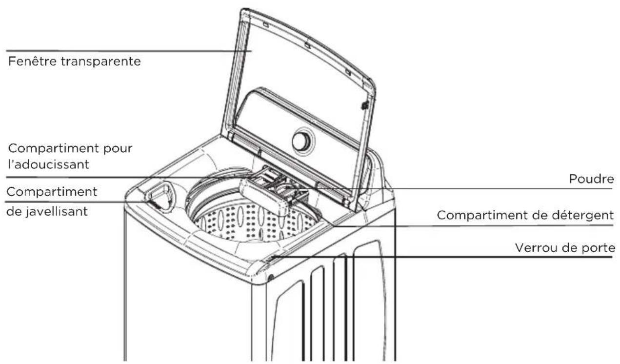 Fenêtre transparente Compartment pour l'adoucissant Compartment de javellisant Poudre Compartment de détergent Verrou de porte