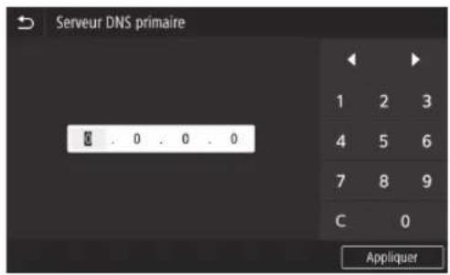CANON WG7550Z - Saisissez l'adresse IP du serveur DNS primaire, puis appuyez sur . - 1