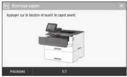 Bourrage papier. Appuyer sur le bouton et ouvrir le capot avant. Précédent 1/7