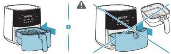 Diagram showing two methods of an air fryer with warning labels and a blue box labeled 'D'