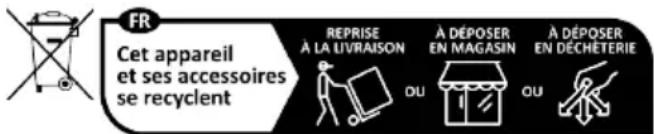 FR Cet appareil et ses accessoires se recyclent REPRISE À LA LIVRAISON A DÉPOSER EN MAGASIN A DÉPOSER EN DÉCHÉTERIE OU OU