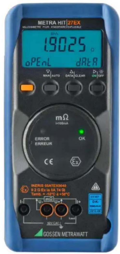 METRA HIT | 27EX MILLOHMAETRE FOUR AFMOPHERE EXLOSIBLE MIN 19025 ° oPEnL dRtR MAN AUTO DATA CLEAR ON OFF mΩ I=100mA ERROR ERREUR OK CE Ex INERIB 6SATEX0040 II 2 G Ex la IIA T4 08 Tamb. = -10°C a +50°C I- U- mΩ U+ I+ 50V CAT GOSSEN METRAWATT CF367 DK- BMS-04-01 2012-08